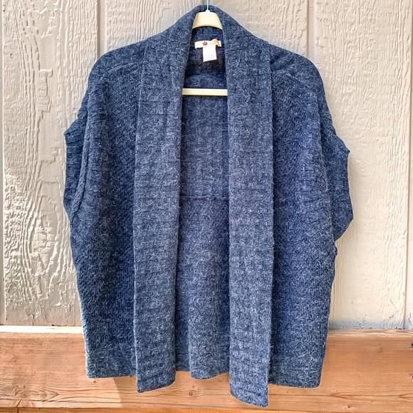 Tulle Sweaters - Tulle sleeveless ribbed chunky knit gray blue wrap open front cardigan sweater